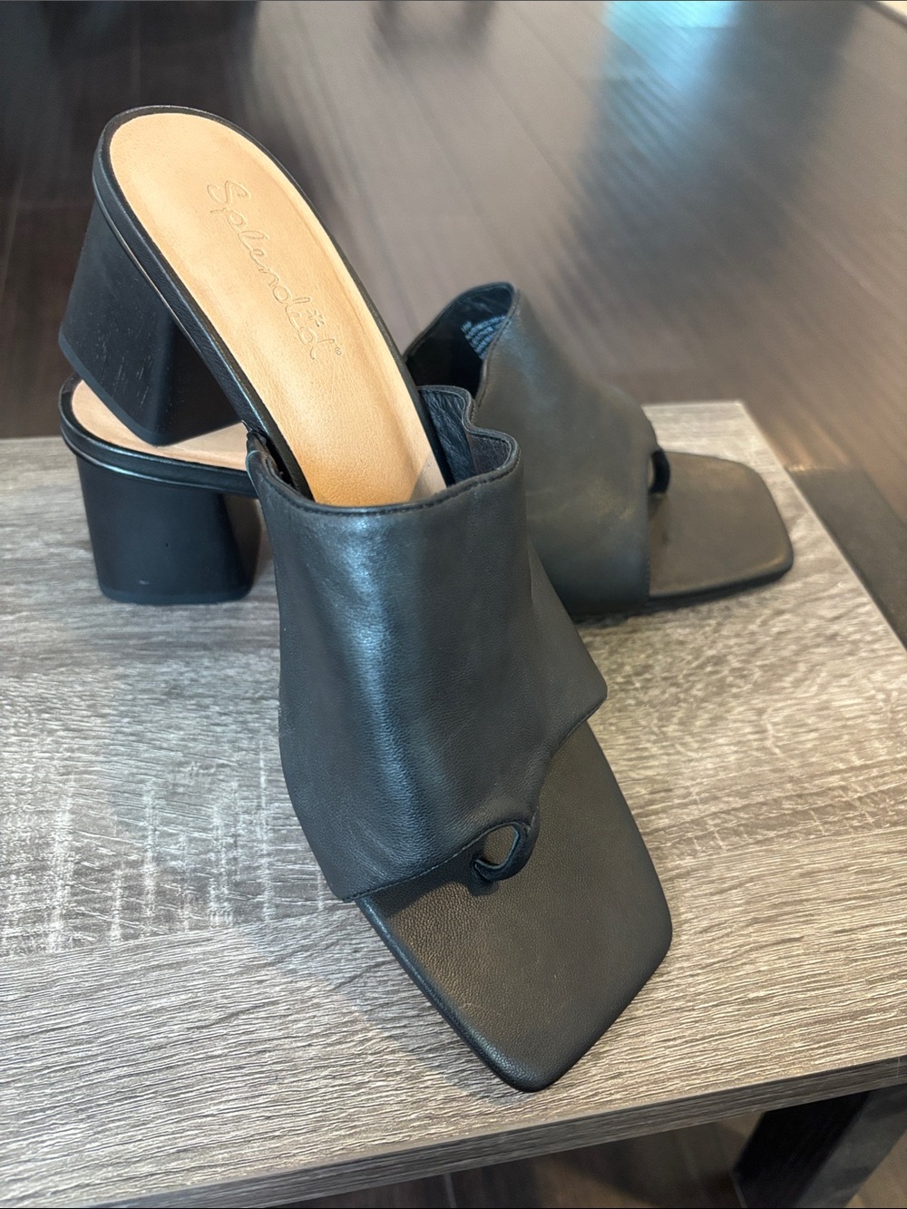 SPLENDID Black Leather Square-Toe Slip-On Block Heel Mules Size 11